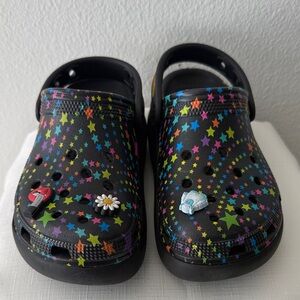 CROCS Kids Black Clogs with Multicolor Star Print size 1